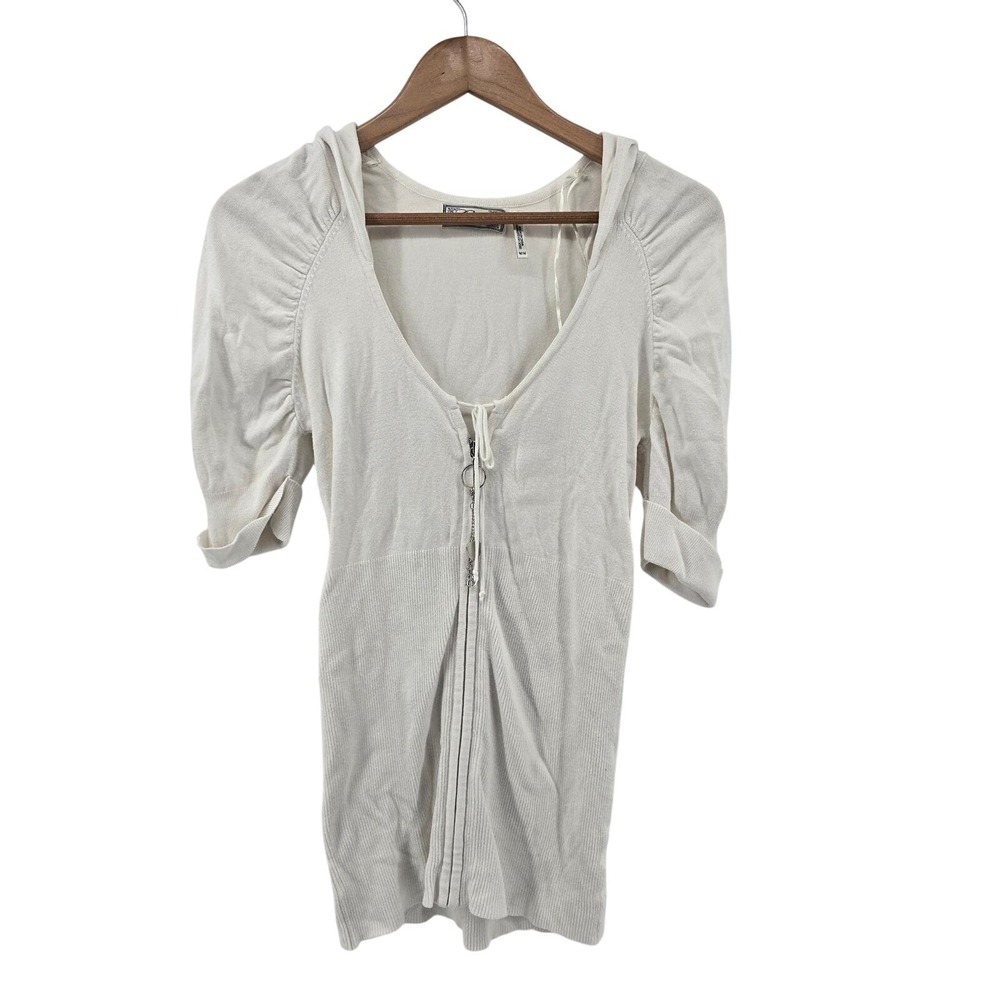 Guess Hooded Cardigan Womens Medium Cream Y2K Puff Sleeve Zip Front Heart Charm